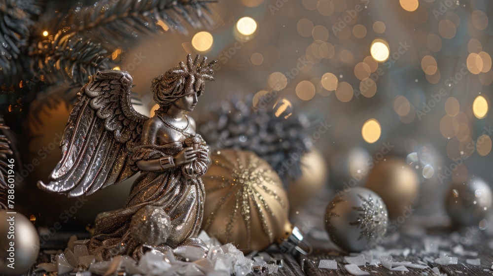 Fototapeta premium Angel statue placed on a festive Christmas tree. Suitable for holiday decorations
