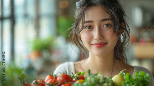 An Asian young woman, holding a vegetable and fruit platter, smiling, with a clean background. Wellbeing. Raw fresh produce. Health.