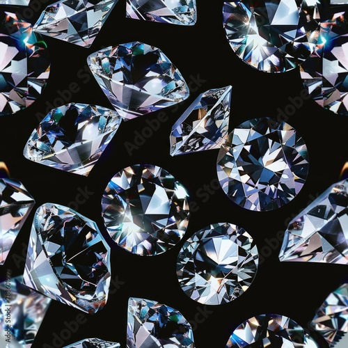 Seamless pattern of sparkling diamonds on a black background
