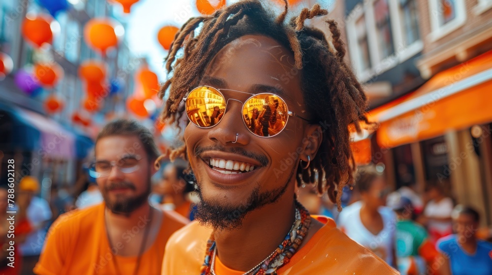 Happy Kings Day in Netherlands, Smiling Man With Dreadlocks Wearing Sunglasses Happy Kings Day in Netherlands, Smiling Man With Dreadlocks Wearing Sunglasses