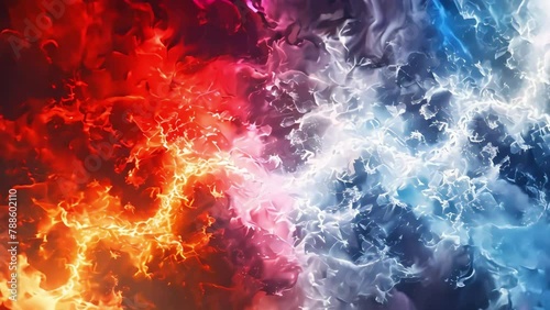 Fractal patterns of ice and flame meet in the opposition of blue and red tones, serving as a background image and creating a striking contrast. photo