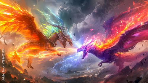 3d illustration Dragon Fighting, epic battle between fire dragon and lightning dragon. concept art, 3D rendering 