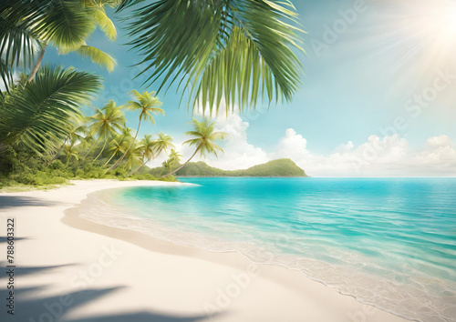 Banner Sunny Tropical Beach With Palm Leaves And Paradise Island background © DreamIsKey