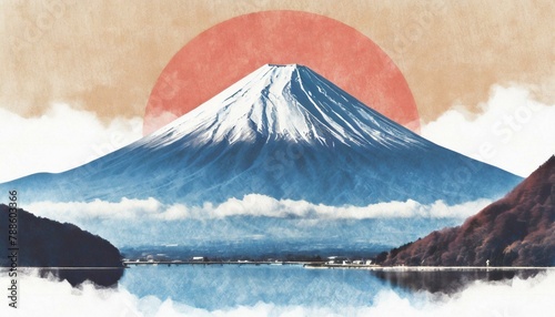 fuji mountain vintage traditional Japanese painting on old paper.