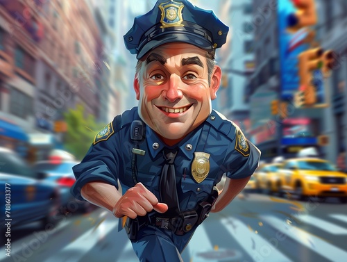 Caricature of a handsome police officer in uniform, running. The background has a city street with cars.