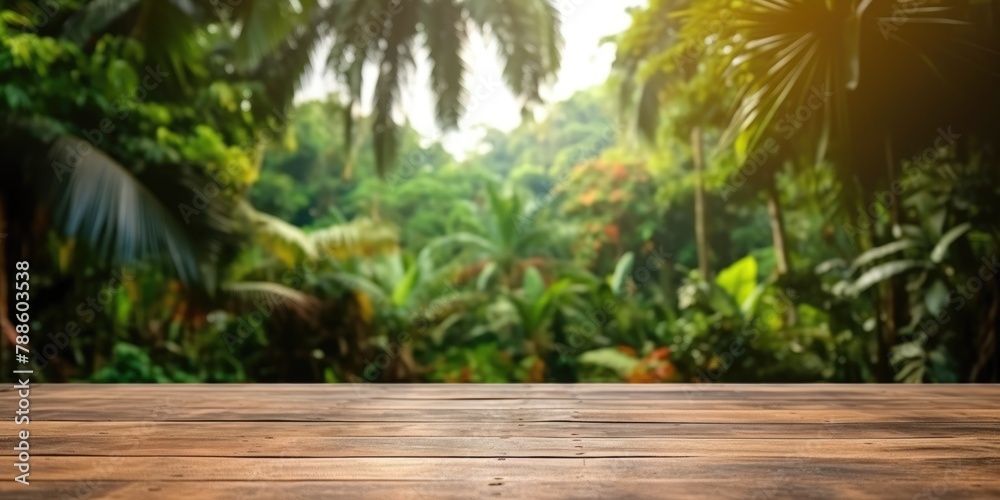 The empty wooden table for product display with blur background of tropical jungle. Exuberant image. generative ai