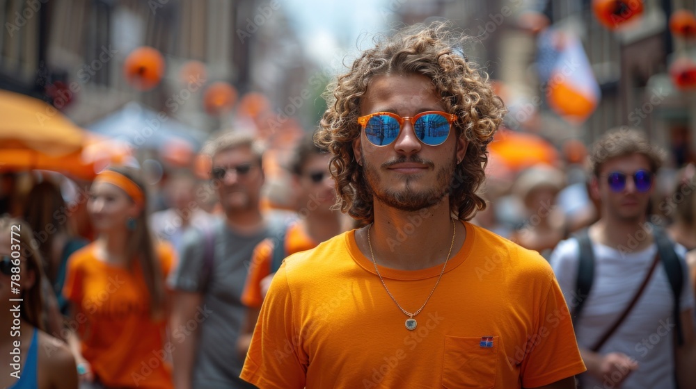 Happy Kings Day in Netherlands, Man With Sunglasses Walking Down Crowded Street Happy Kings Day in Netherlands, Man With Sunglasses Walking Down Crowded Street