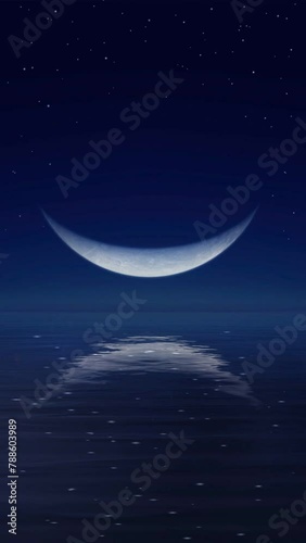 Vertical shot of unusual fantastic big half moon in dark clear starry night sky reflected on mirror water surface of calm ocean. Dreamlike peaceful seascape natural background 3D animation.