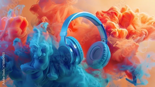 A vibrant digital artwork featuring blue headphones surrounded by swirling, colorful smoke on a dynamic background. photo