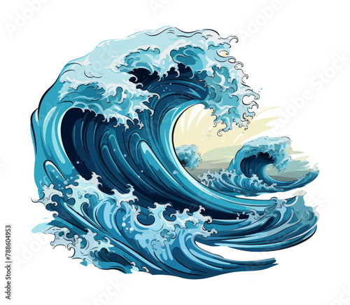 Drawing of a large wave crashing in the ocean.