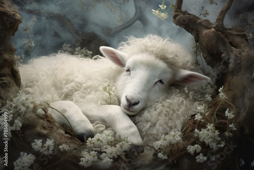 Dreamlike Sheep sleep cloud white. Fun comic lamb snooze wool. Generate Ai © juliars