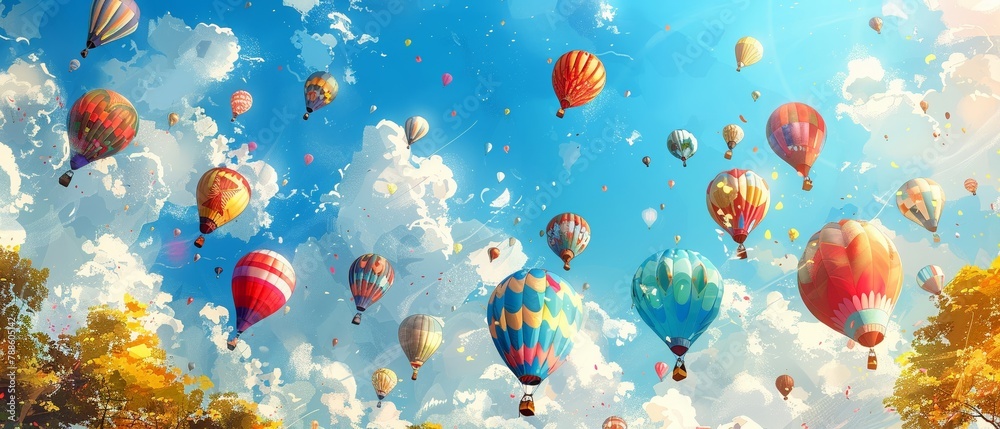 Envision a heartwarming low-angle view watercolor scene of a colorful hot air balloon festival, featuring a cluster of cheerful, vibrant balloons floating gracefully in the sky Let the joy and festivi Envision a heartwarming low-angle view watercolor scene of a colorful hot air balloon festival, featuring a cluster of cheerful, vibrant balloons floating gracefully in the sky Let the joy and festivi