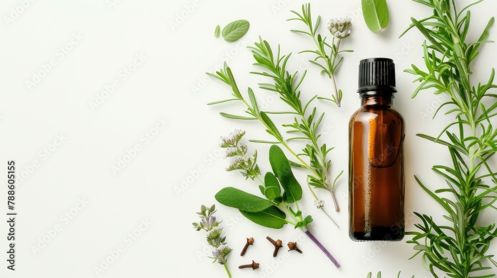 Fototapeta premium bottle of essential oil with herbs on a white background, embodying the essence of holistic health