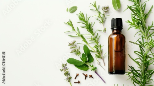 bottle of essential oil with herbs on a white background, embodying the essence of holistic health