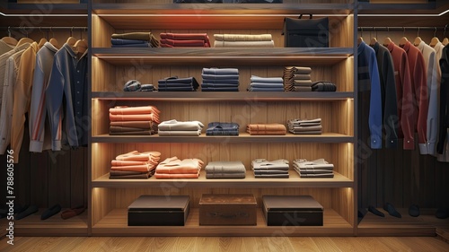 a modern closet adorned with a symmetrical arrangement of white and other shirts, meticulously folded and stacked to showcase flawless organization and stylish simplicity.