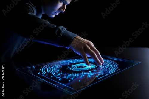 A computer identifies and measures the fingerprint on the digital surface. photo