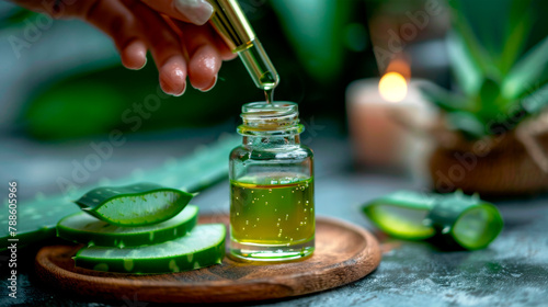 Extracting aloe vera essence with a dropper, conveying natural skincare and organic beauty. Cosmetic spa treatments and skin care products. Alloe cure. Banner. Copy space photo
