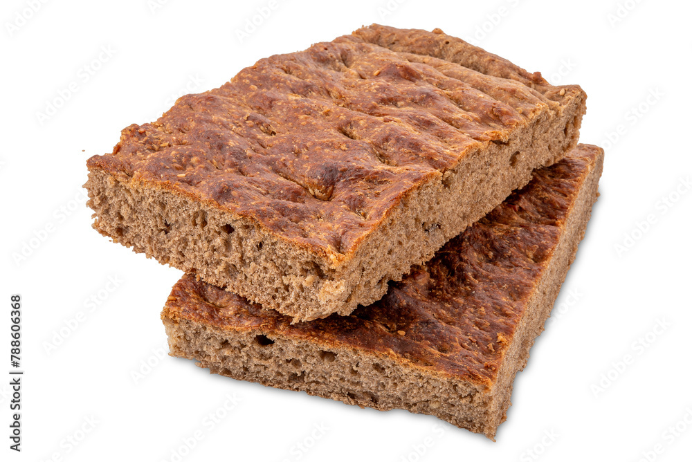 Whole wheat rye, barley, oat and spelt flour focaccia flatbread with sesame and sunflower seeds. Squared slices.Isolated Whole wheat rye, barley, oat and spelt flour focaccia flatbread with sesame and sunflower seeds. Squared slices.Isolated