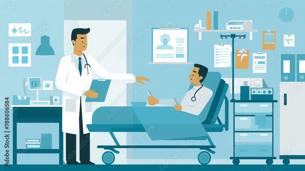 Fototapeta premium Flat illustration of doctor taking care patients in hospital room, AI generated