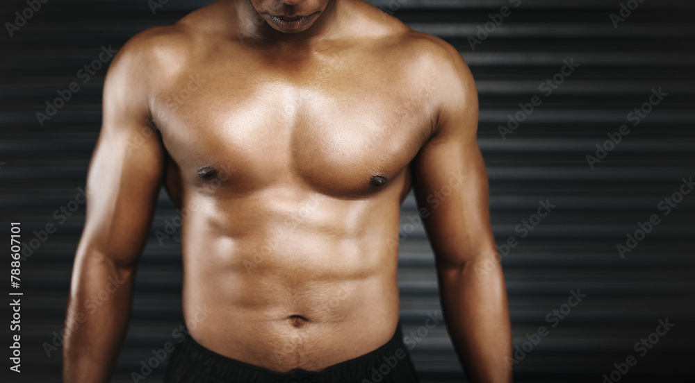 Closeup, workout and man with abs, stomach and flex body with healthy person, wellness and show progress, Gym, guy and athlete with endurance and exercise with challenge for six pack and training