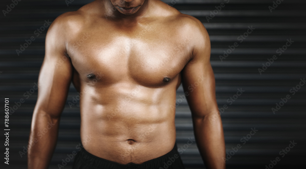 Fototapeta premium Closeup, workout and man with abs, stomach and flex body with healthy person, wellness and show progress, Gym, guy and athlete with endurance and exercise with challenge for six pack and training