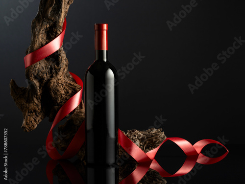 Bottle of red wine on a black reflective background.