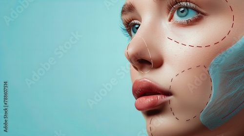 woman prepared for plastic surgery; facelift cosmetic procedure,  eyes and nose contouring 
