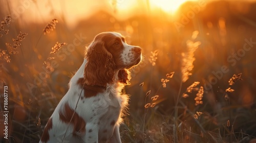 Active Welsh Springer Spaniel Dog in a Beautiful Natural Countryside Setting at Sunset