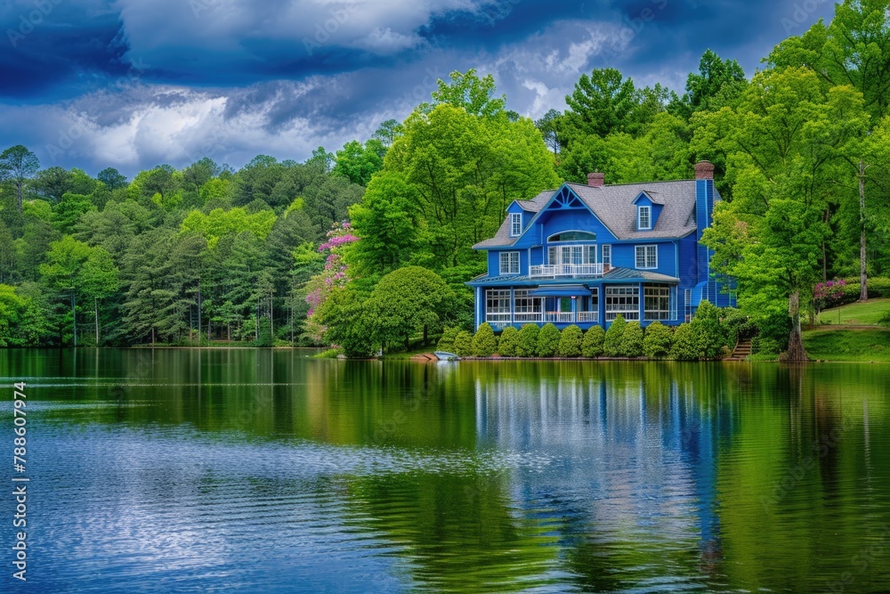 Beautiful House on the Shore. Serene Landscape with Green Forest and Colourful Clouds over Blue Lake Beautiful House on the Shore. Serene Landscape with Green Forest and Colourful Clouds over Blue Lake