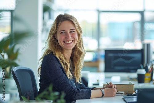 Portrait of a confident and happy Caucasian businesswoman in a modern office environment. Seated at