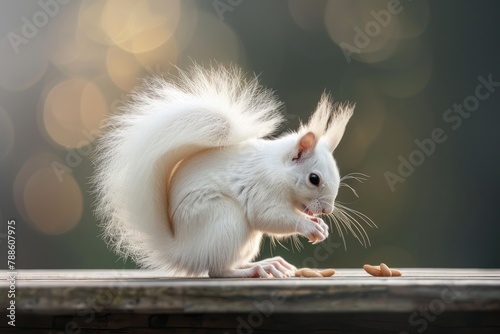 Beautiful Albino Squirrel Outdoors: An Uncommon and Adorable White Squirrel Enjoying Eating in the Wild with Its Fluffy Tail Curled Up