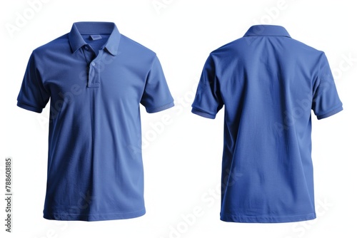 Blank Blue Polo Shirt Mock-Up Template. Front and Back View of Isolated Blue Polo Shirt for Print Design