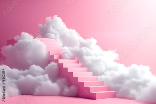 Stairs to heaven, Infinite white cubic stairs in the clouds, studio shoot on neutral soft pink background, clean and simple layout	

