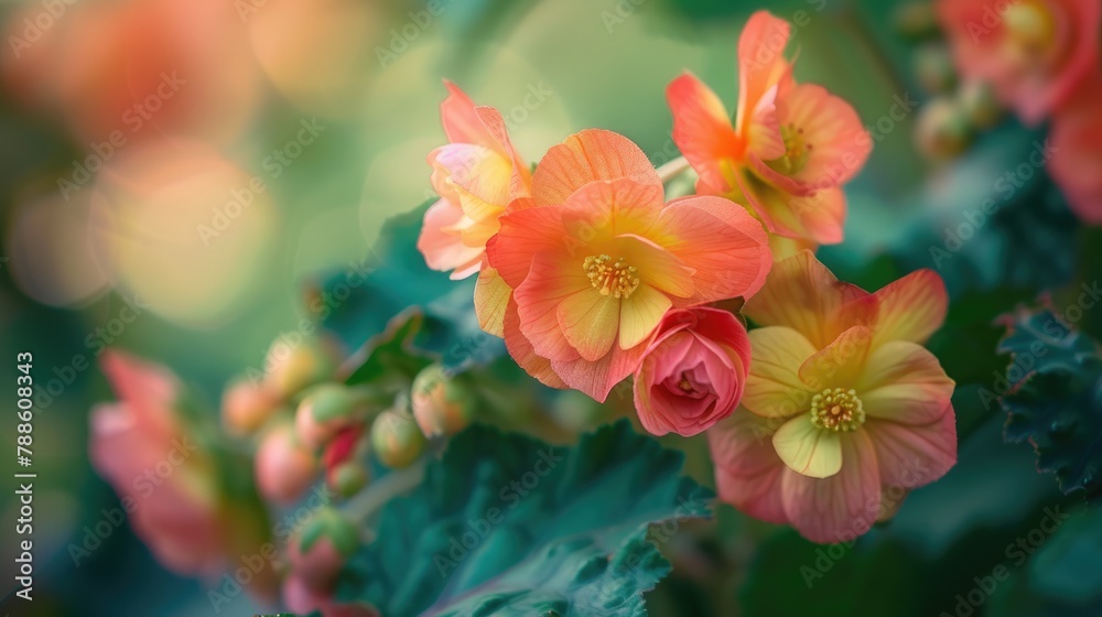 Breathtaking Depth of Field of Colorful Begonia Blossoms in a Lush Garden - A Natural Beauty of Summer Colors Breathtaking Depth of Field of Colorful Begonia Blossoms in a Lush Garden - A Natural Beauty of Summer Colors