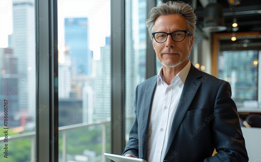 Fototapeta premium Portrait of a mature businessman in a suit, standing confidently in an office. Happy, successful