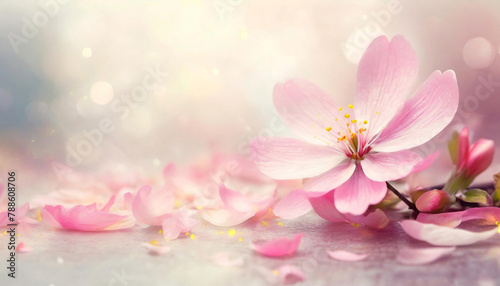 A delicate pink cherry blossom with petals scattered  highlighted by soft sunlight and a dreamy bokeh background.