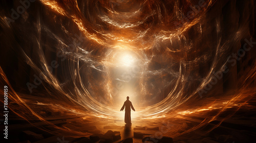 A lone figure stands at the threshold of a mystical vortex where light and earth converge, evoking a sense of cosmic journey and discovery. photo