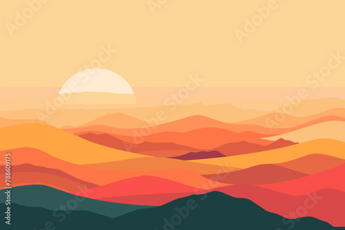 Abstract layered hills and sun in warm tones