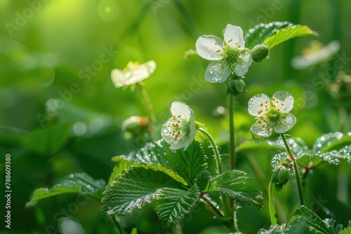Fragaria Vesca - Closeup of Flowering Wild Strawberry Plant with Delicious Red Fruits photo