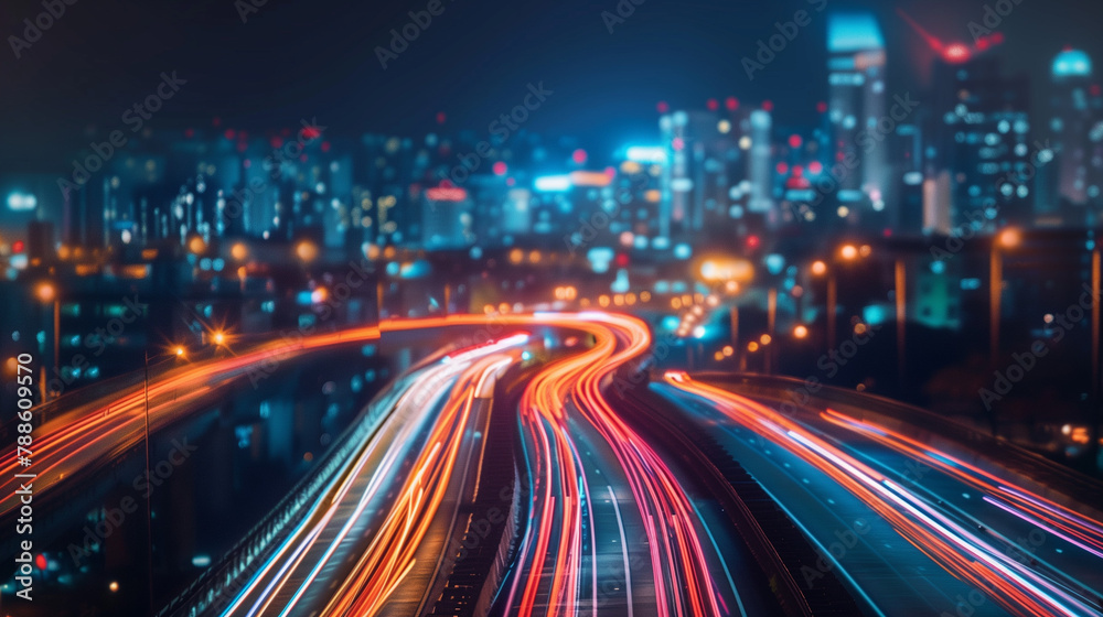 traffic in the city, Traffic High speed light trails in motion, glow lines, Colorful light trails with motion effect. dynamic and high speed, Panoramic high speed technology concept of city, Ai 