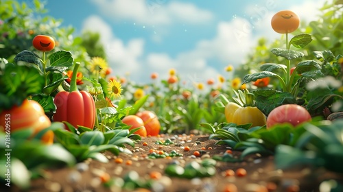 Create a whimsical 3D illustration of a cute vegetable garden from a kids perspective Show vibrant colors and playful details in the rear view Incorporate smiling vegetables peeking out from behind ea photo