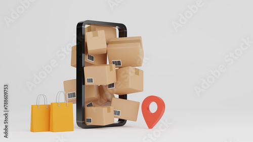 Delivery cartboard box with map pin icon and smartphone, Delivery and online shopping concept, 3D render illustration