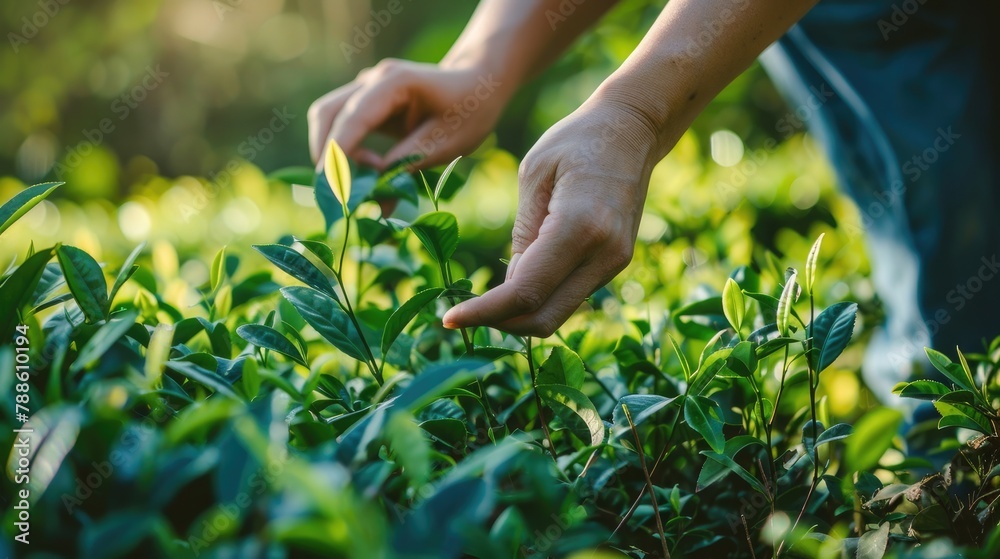 woman's hand delicately plucking young tender leaves from camellia sinensis plants on an organic tea farm