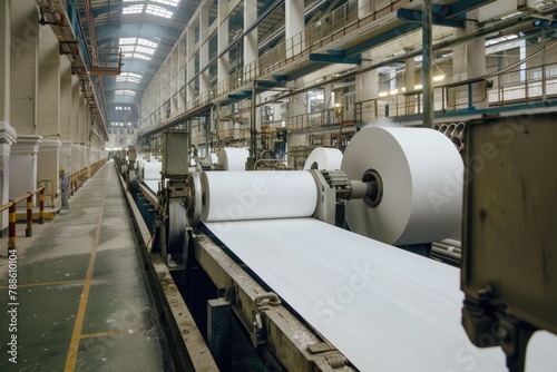 Inside the Paper Mill Factory: Industrial Machinery and Coil in Pulp and Paper Plant Industry
