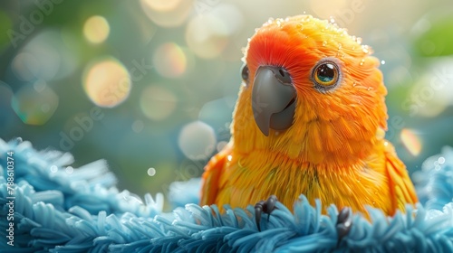 Cute parrot on bokeh background photo