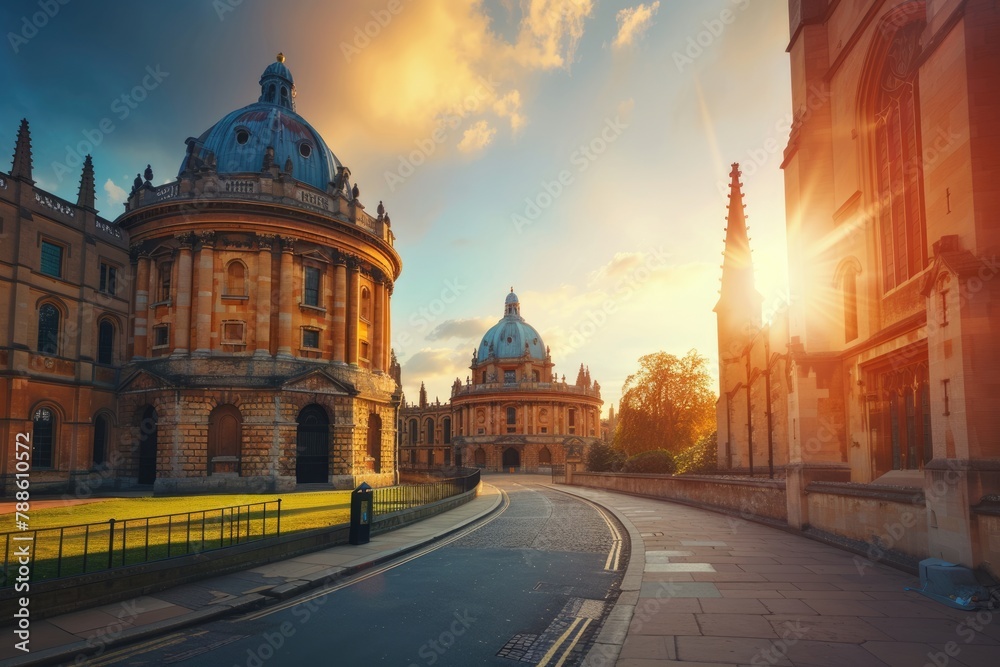 Obraz premium Architectural Attraction. Radcliffe Science Library with Dome Structure Against a Sunset Flare, Building 