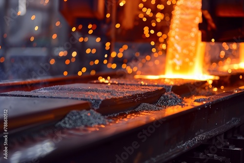Molten metal pouring in steel foundry photo