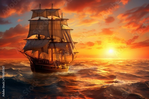 Mystical Ship sails ocean sunset. Nature sun sky travel nature. Generate Ai