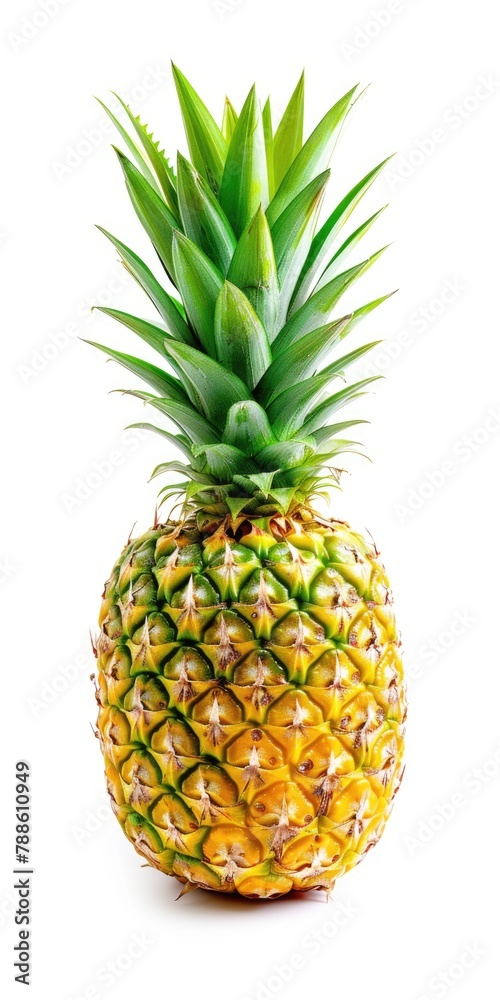Fototapeta premium Ripe and Juicy Whole Pineapple Isolated on a White Background with Clipping Path - Fresh Green Leaves - Vertical Orientation
