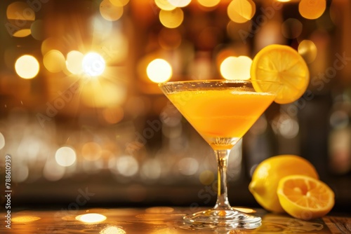Refreshing Sidecar Cocktail with Lemon Garnish on Bar Counter Background - Delicious Drink for Any Occasion